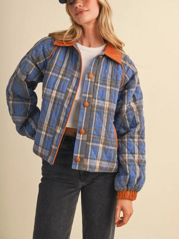 cornflower multi plaid quilted puffer jacket