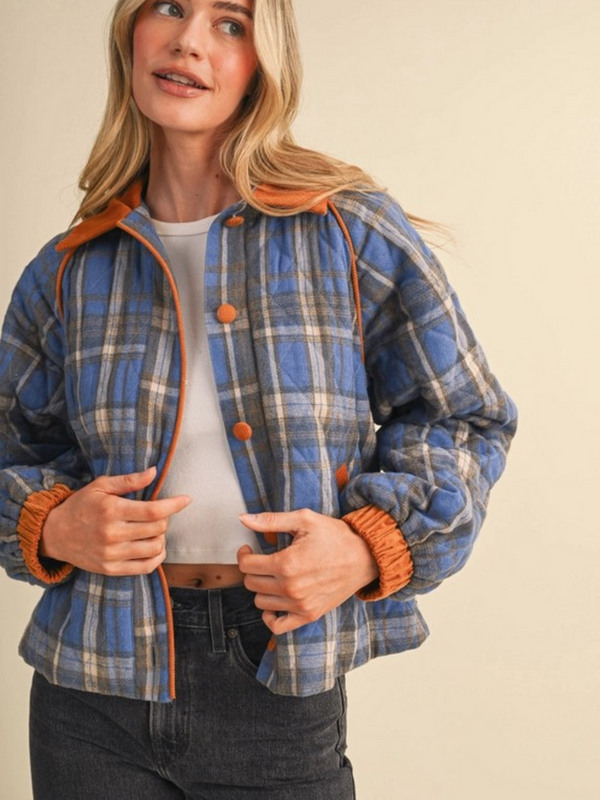 cornflower multi plaid quilted puffer jacket
