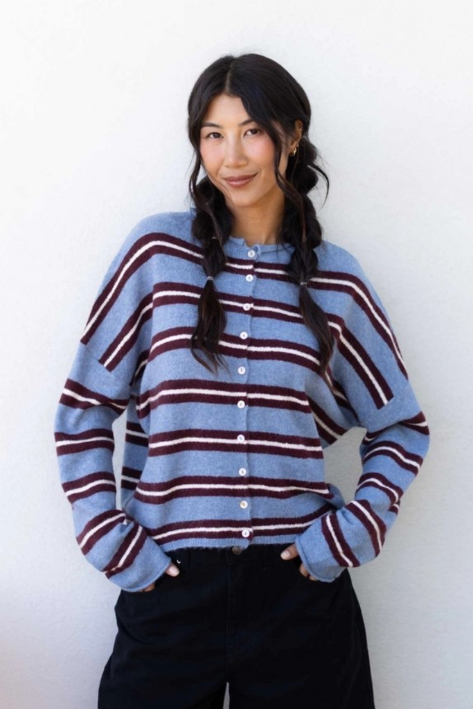 dusty blue varsity stripe cardigan