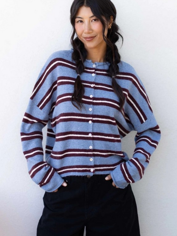 dusty blue varsity stripe cardigan