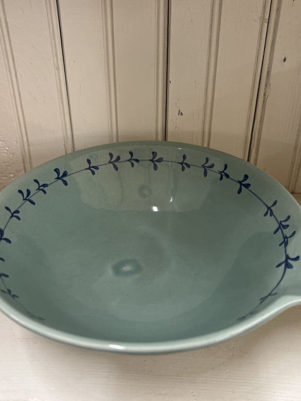 aqua hand painted stoneware bowl with spout and pattern