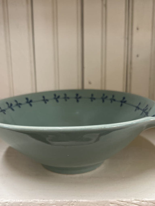 aqua hand painted stoneware bowl with spout and pattern