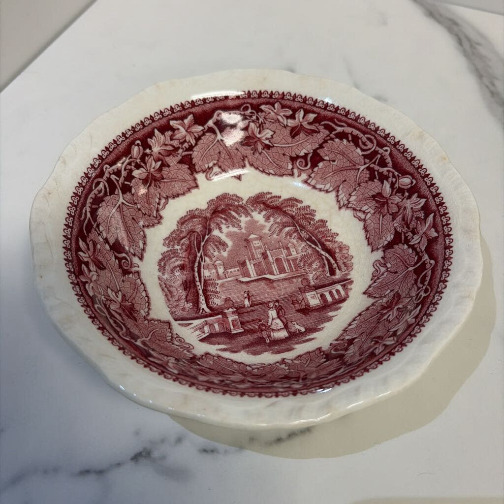 Red Transferware Bowls with People/Dog Scene