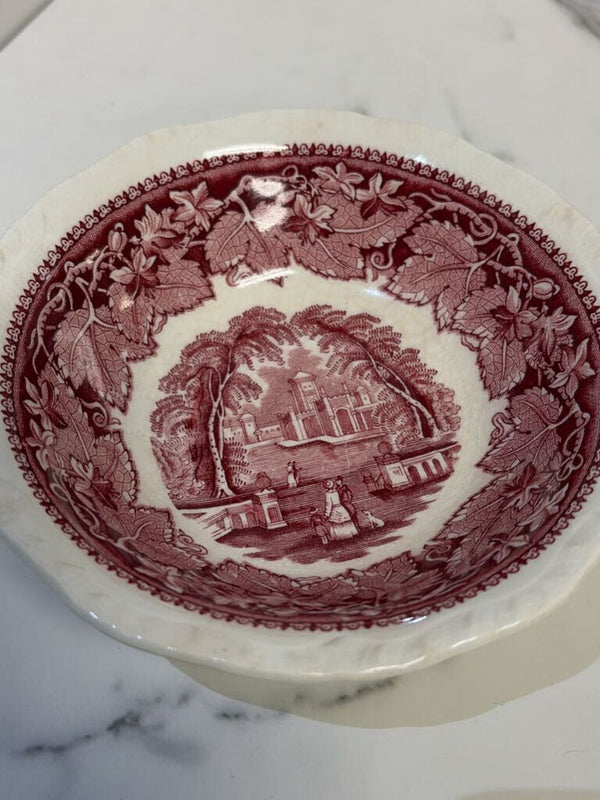 Red Transferware Bowls with People/Dog Scene