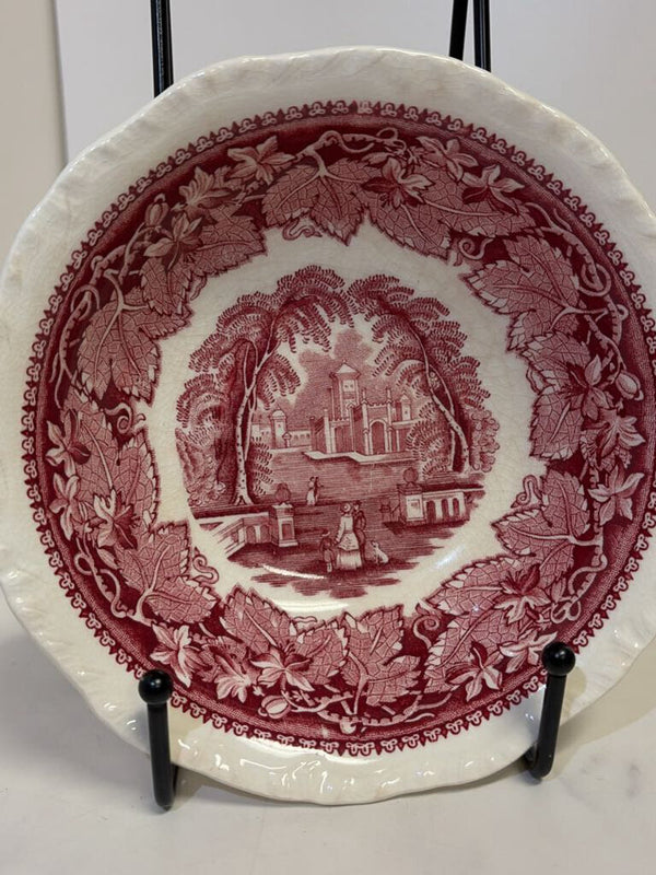 Red Transferware Bowls with People/Dog Scene