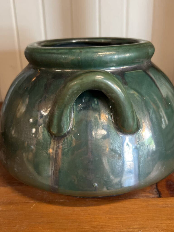 Aged Olive Dripped Glazed Pottery Kettle