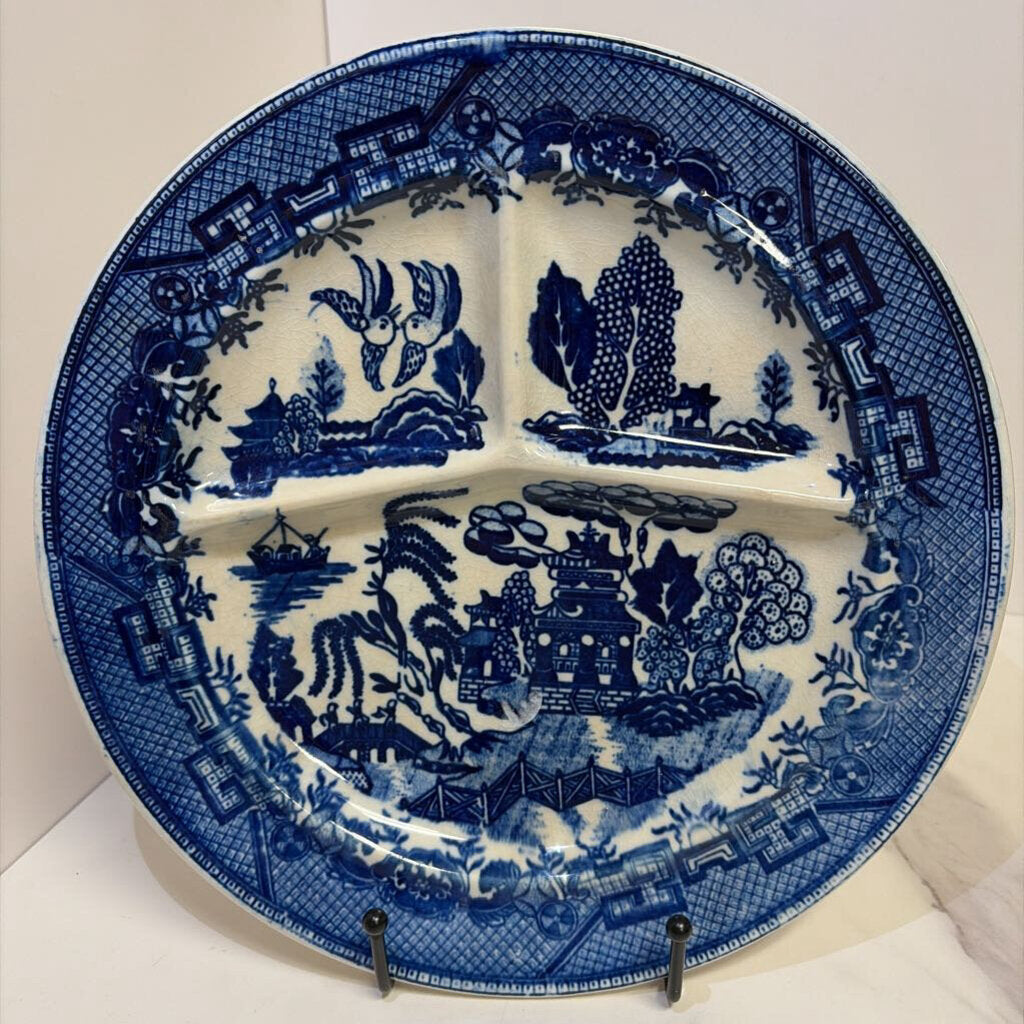 Large Blue Transferware Dish With Partitions
