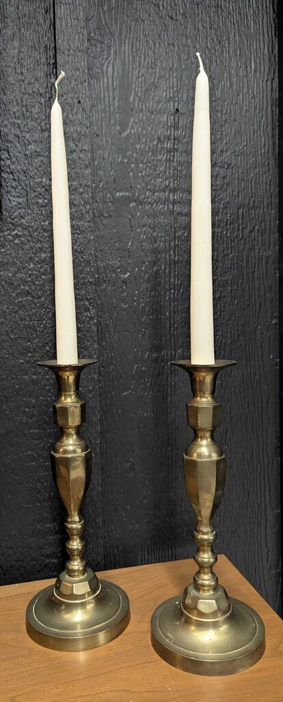 Vintage brass candlesticks w/ round base 11"H, pair of 2, India (includes candles)