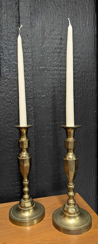 Vintage brass candlesticks w/ round base 11"H, pair of 2, India (includes candles)