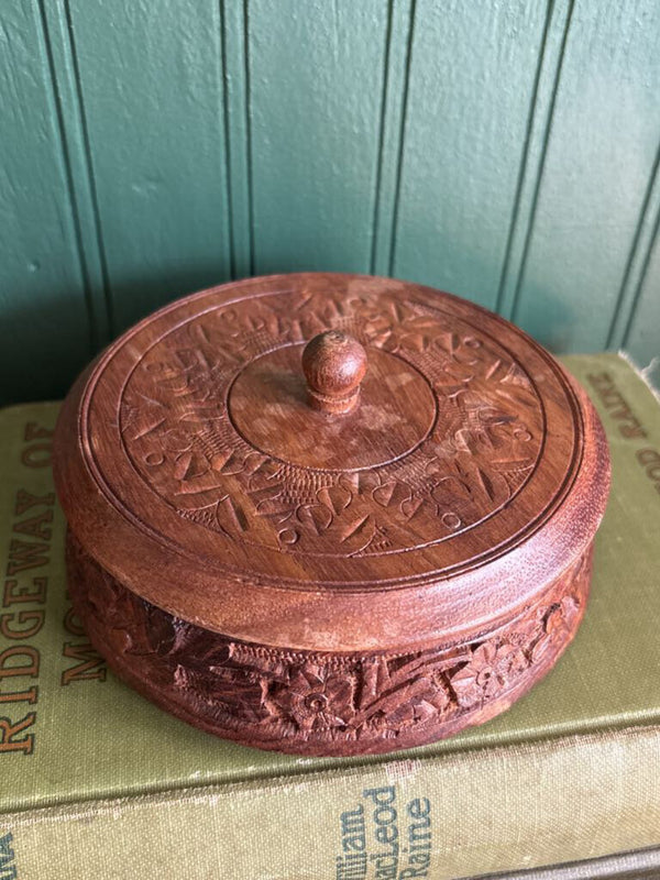 Circular Wooden Carved Trinket Box with Lid