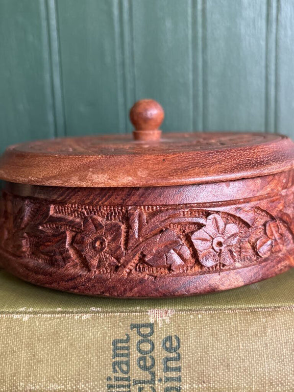 Circular Wooden Carved Trinket Box with Lid
