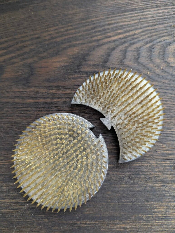 Vintage metal adjoining flower frog 4-1/4" x 3", Japan