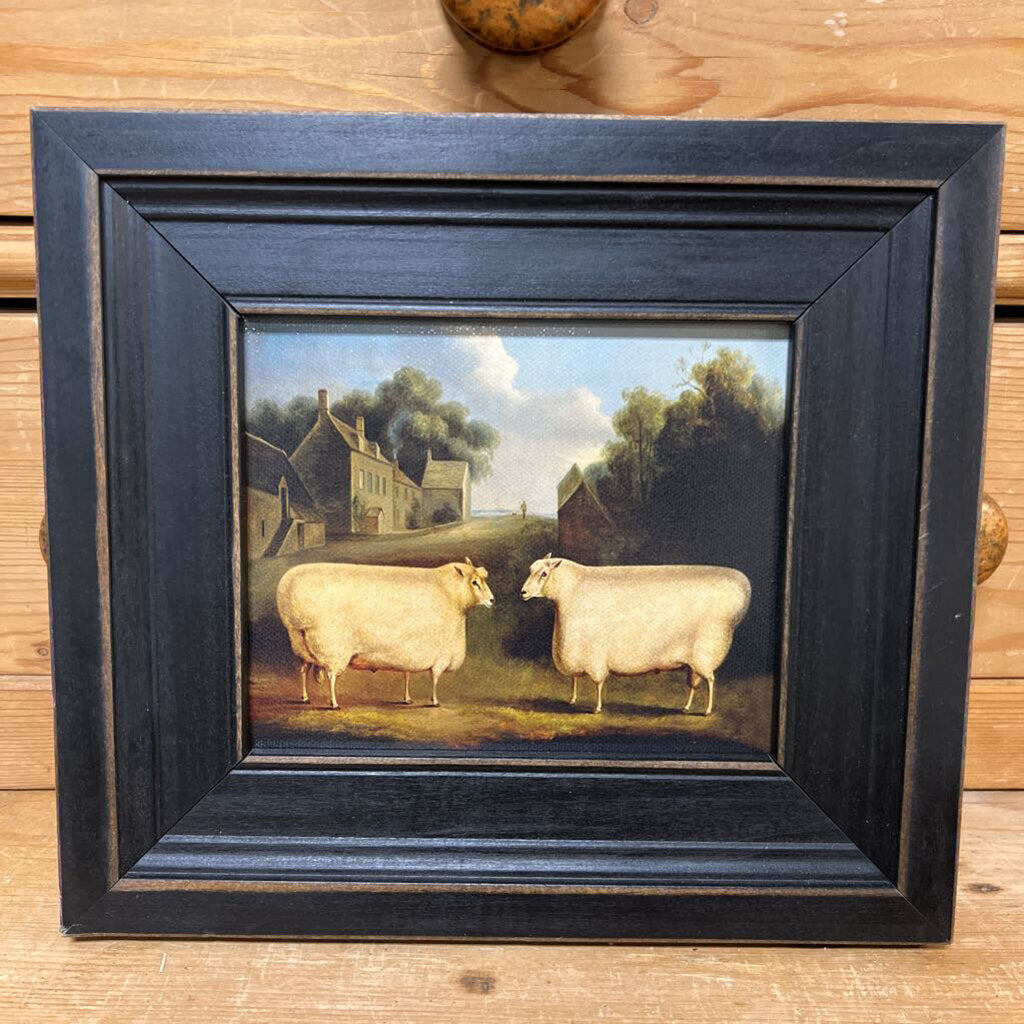 Framed Vintage painting print featuring two sheep