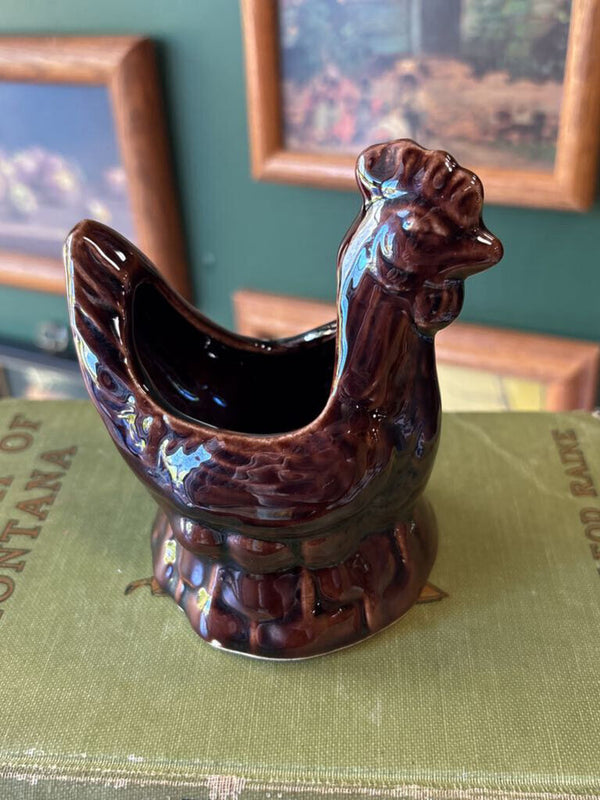 Brown Stoneware Chicken Planter