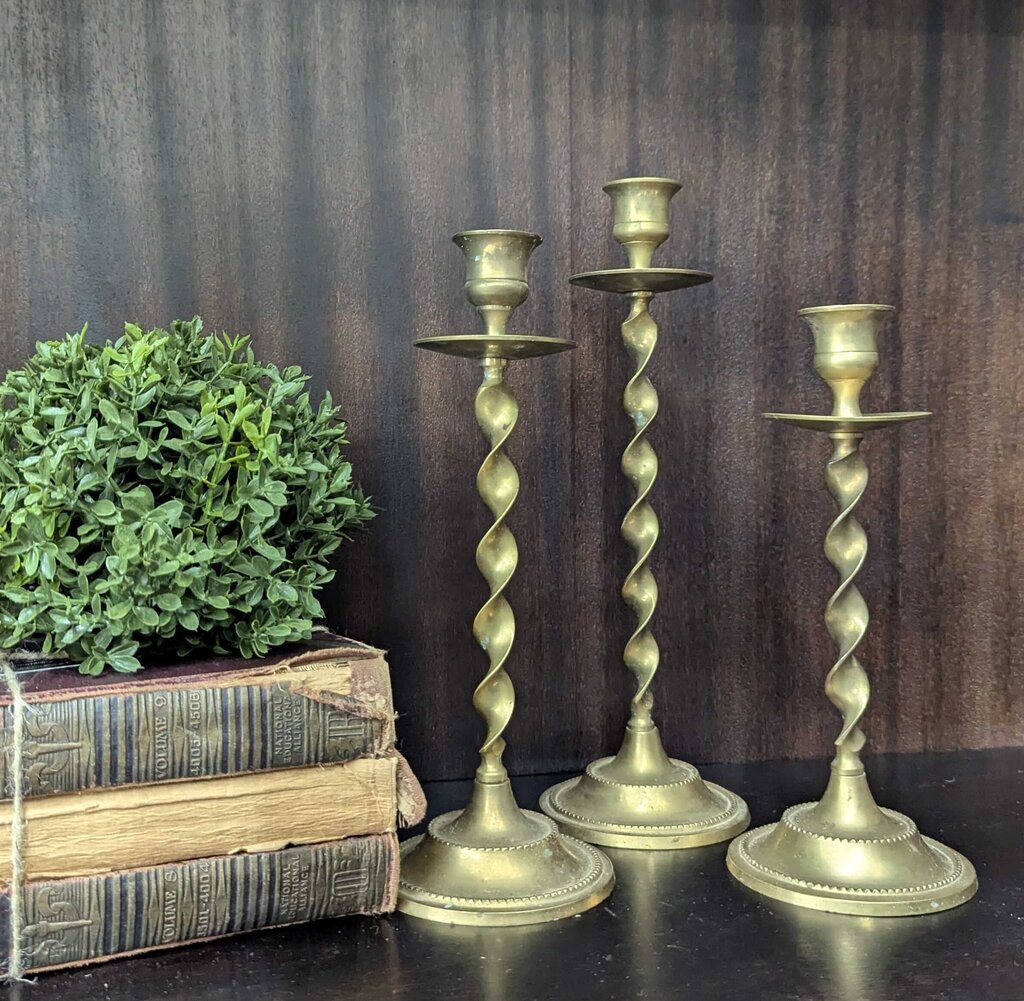 Set of 3 vintage brass spiral candlesticks 12", 10-1/2", 9"H, India