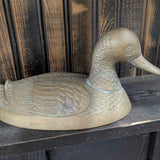 Vintage brass covered duck head dish 10"L, great patina!