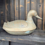 Vintage brass covered duck head dish 10"L, great patina!