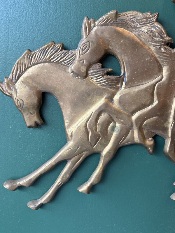 Vintage Solid Brass Running Horses Wall Hanging