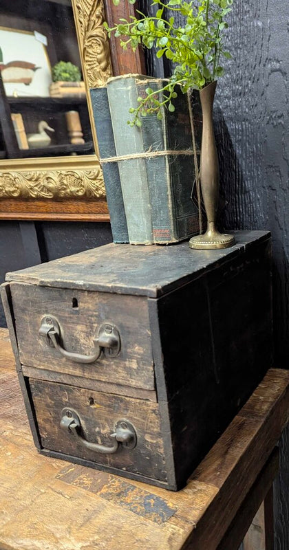 Vintage wood 2 drawer tabletop cabinet 7-1/2"W x 12"D x 8-1/2"H