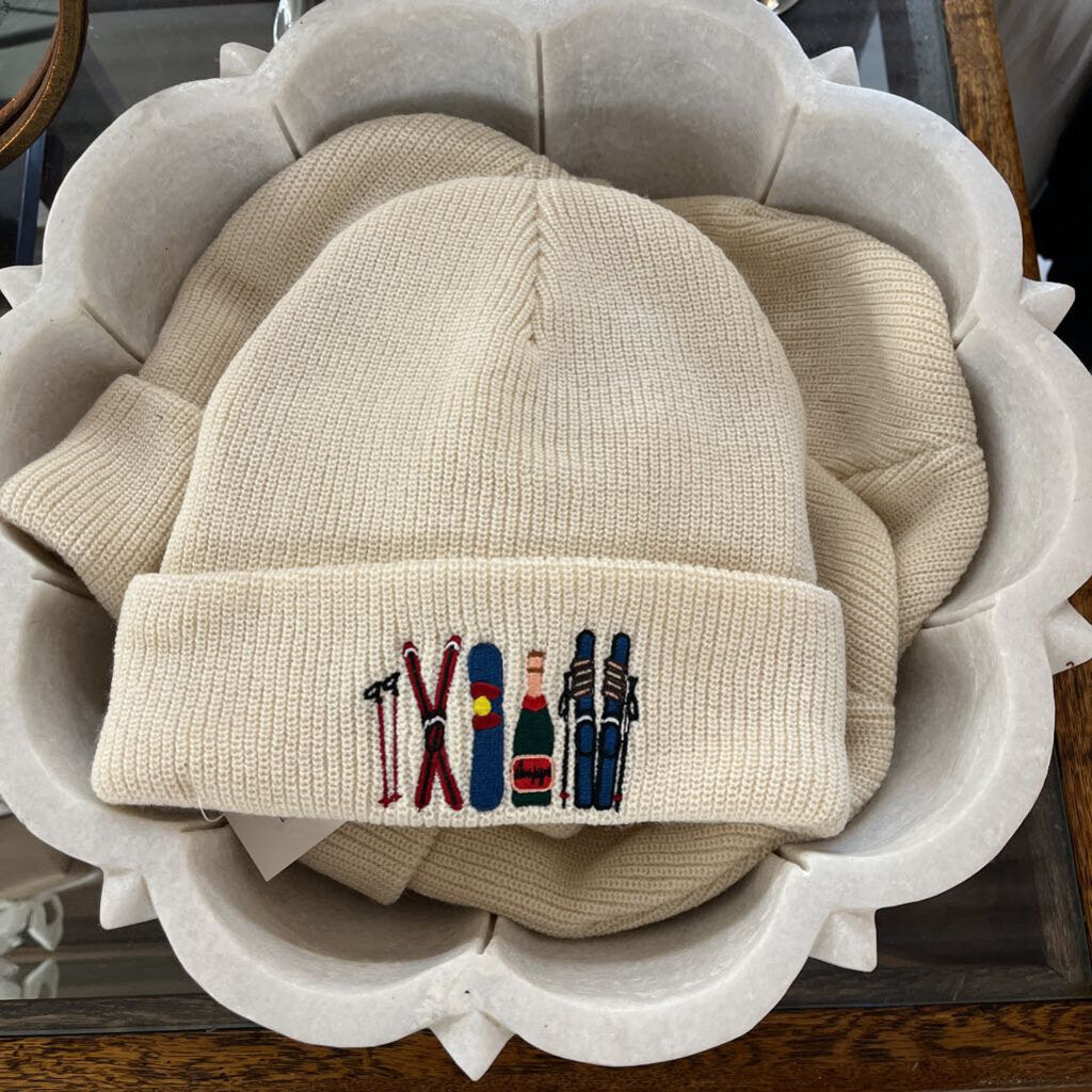 beige ski embroidered knit beanie