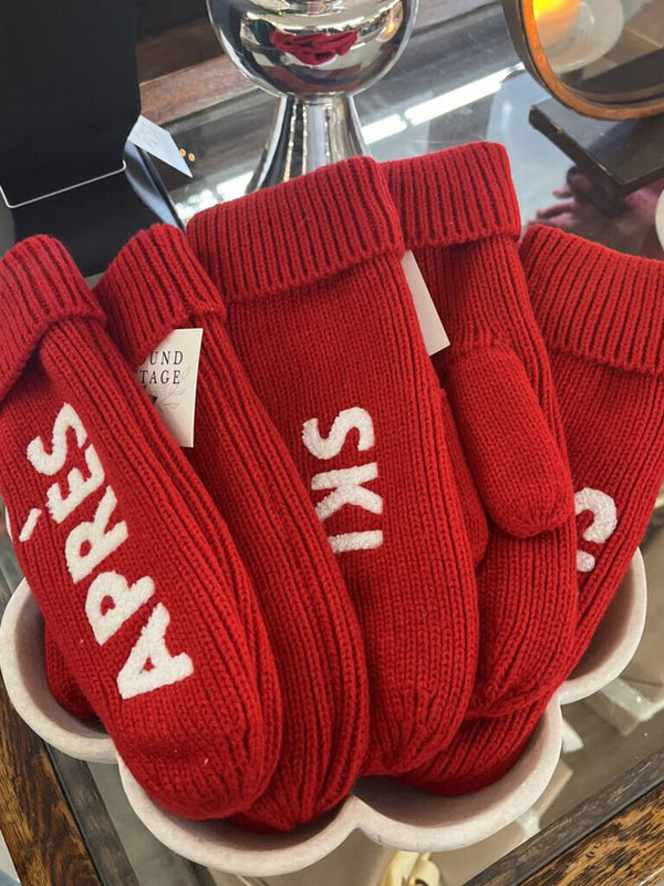 red and white apres ski knit mittens