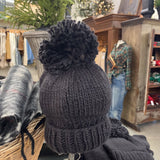black hand knit basic pom pom hat