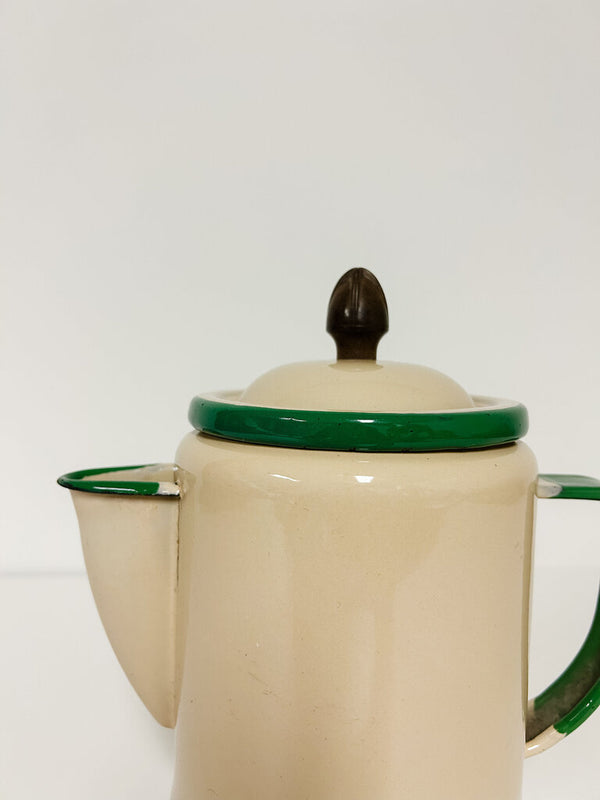 Vintage Green/Cream Lidded Enamel Coffee Pot