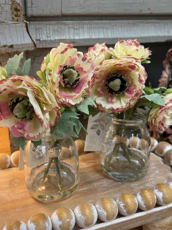 6.75" white with pink ranunculus in glass vase with faux water