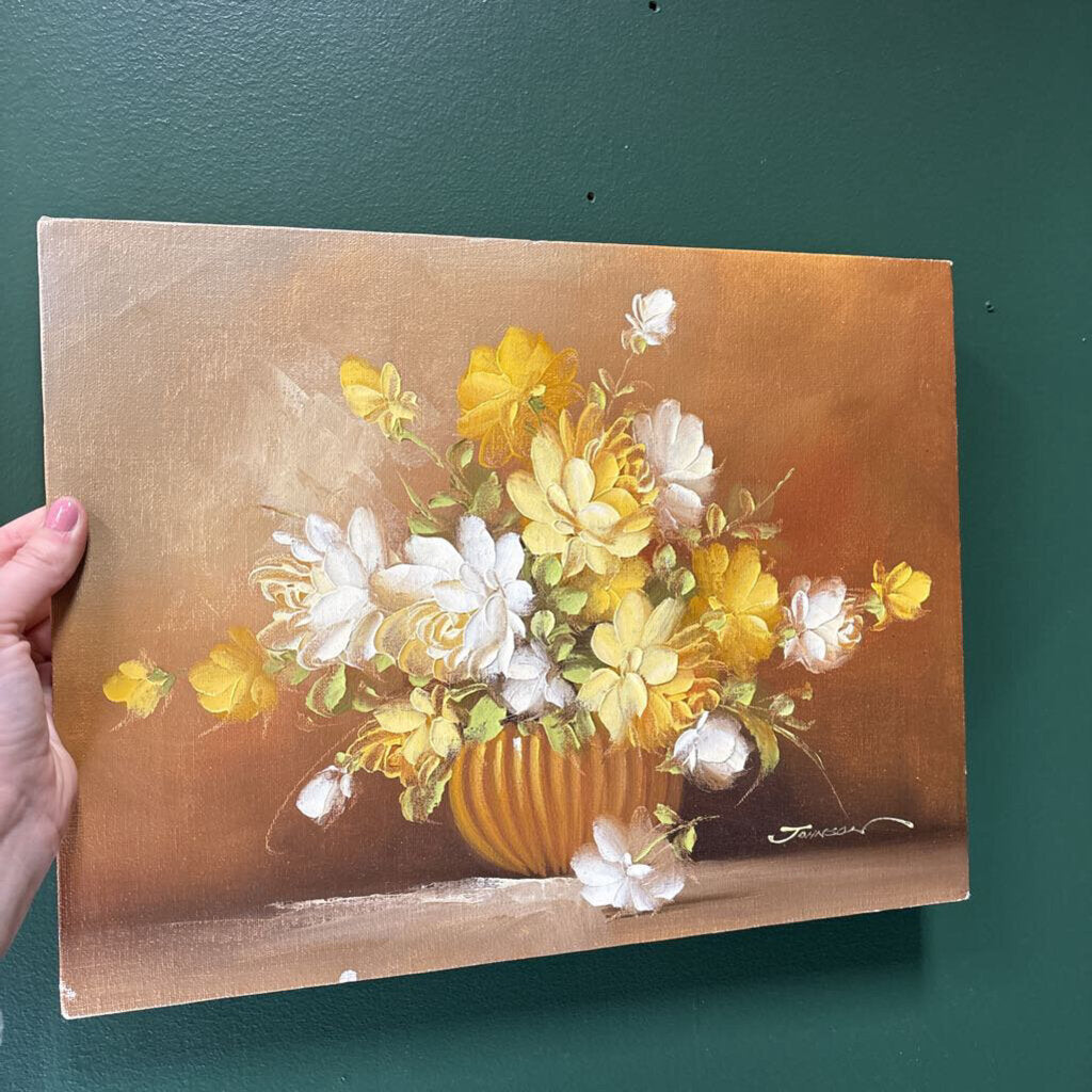Vintage Signed Yellow and Cream Floral Oil Painting