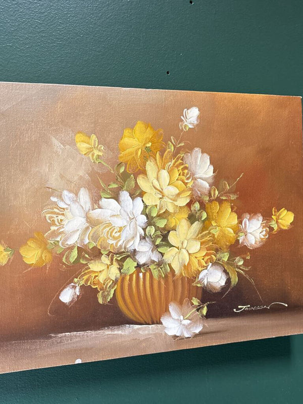 Vintage Signed Yellow and Cream Floral Oil Painting