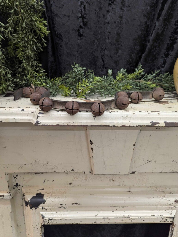 Vintage sleigh bells on leather strap, 12 bells