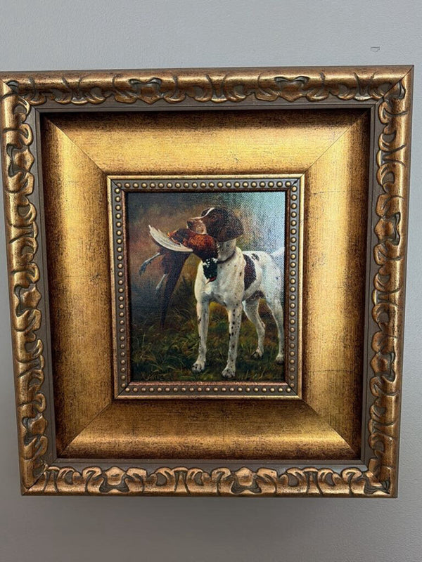 English Pointer with Pheasant Painting Print On Canvas 5" x 6", Ornate Antiqued Gold