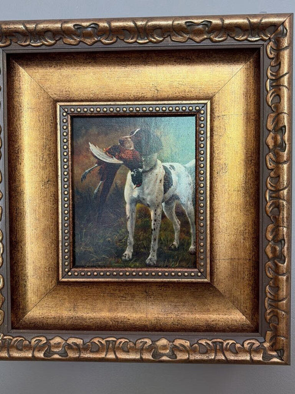 English Pointer with Pheasant Painting Print On Canvas 5" x 6", Ornate Antiqued Gold