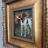 English Pointer with Pheasant Painting Print On Canvas 5" x 6", Ornate Antiqued Gold