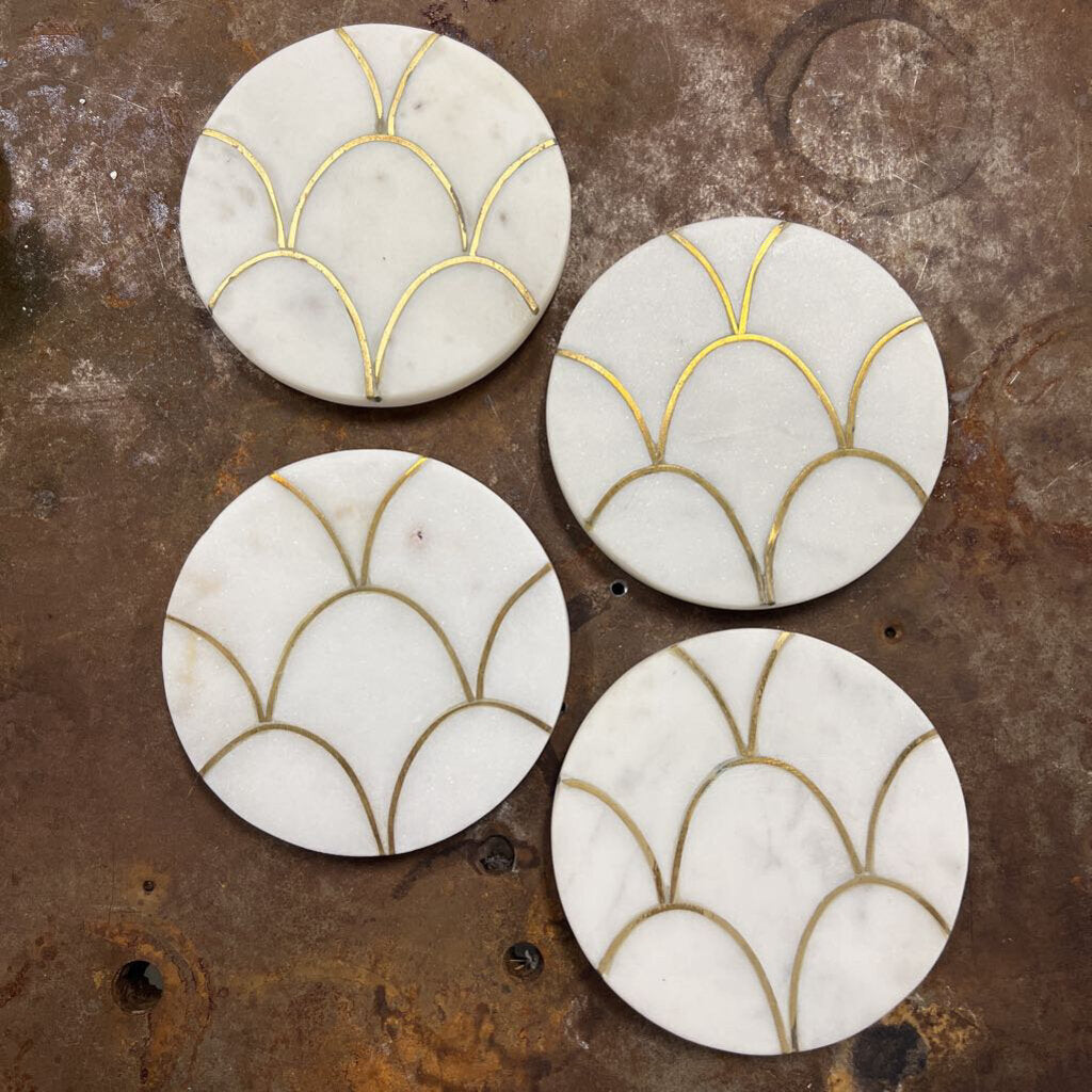 set of 4 marble coasters with gold design