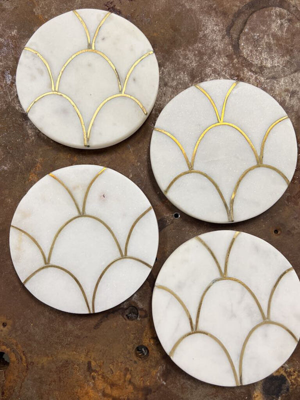 set of 4 marble coasters with gold design