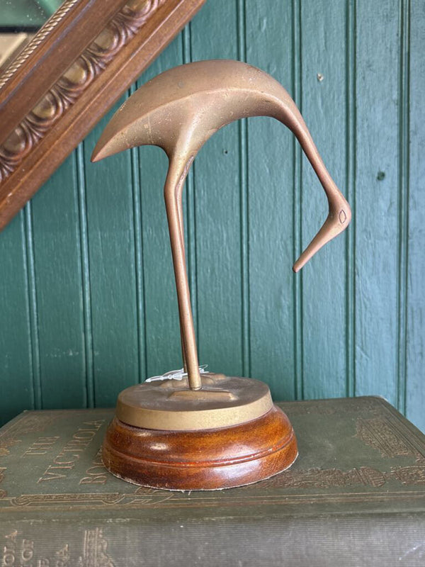 Brass Heron Bird on Wood Slab #25
