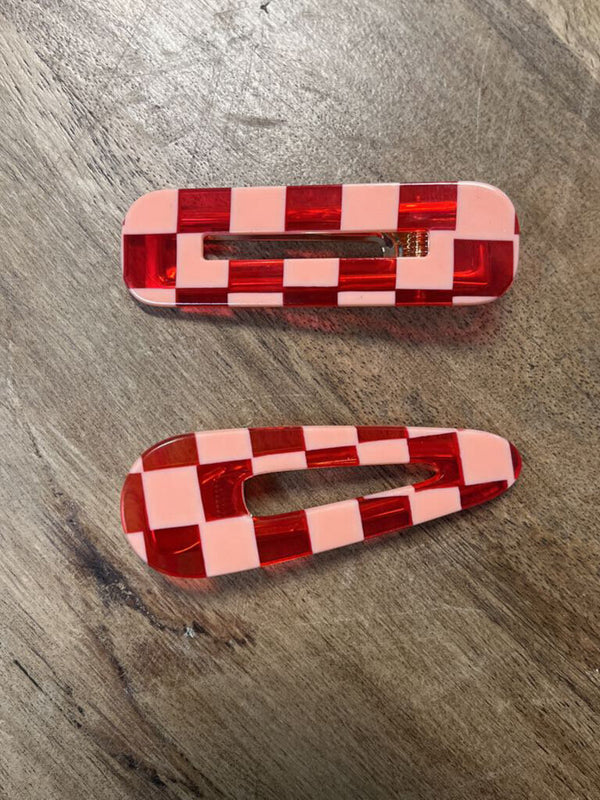 pink and red check hair clip set