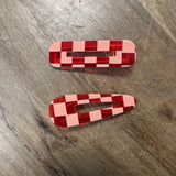 pink and red check hair clip set