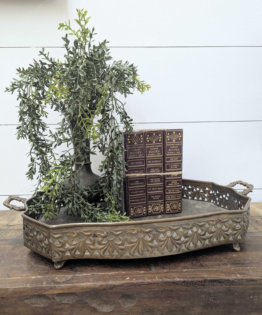 Vintage XL brass pierced & engraved footed serving tray with handles, India