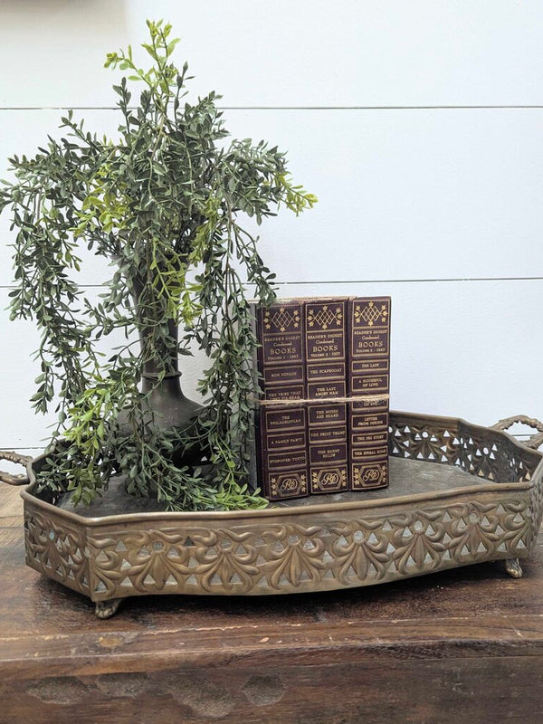 Vintage XL brass pierced & engraved footed serving tray with handles, India