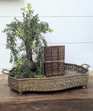 Vintage XL brass pierced & engraved footed serving tray with handles, India