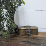 Vintage brass tobacco/snuff box w/ inner hinged compartment, oval 9" long