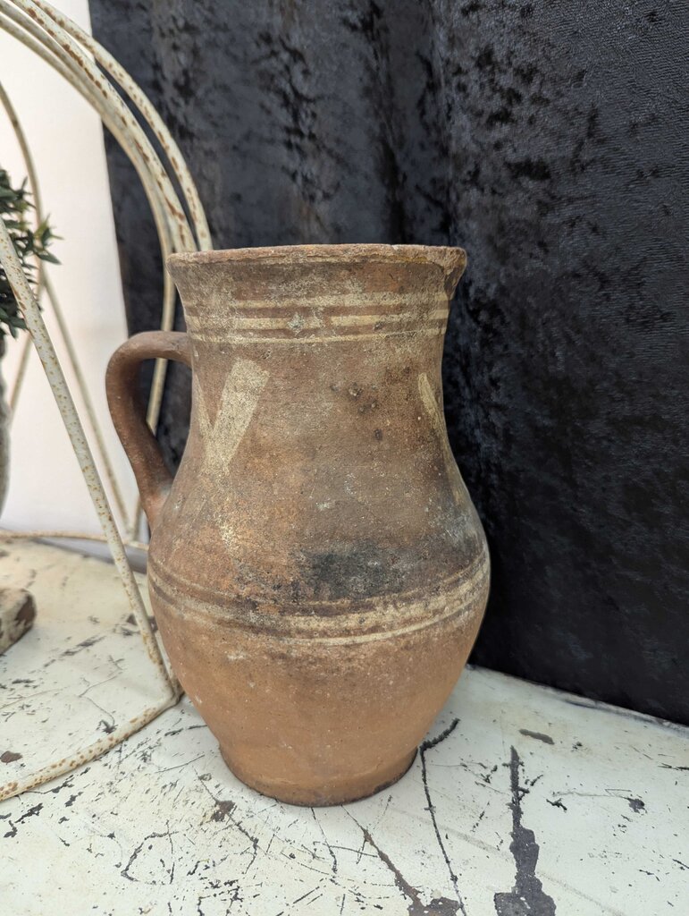 French redware pottery with handle 9"H