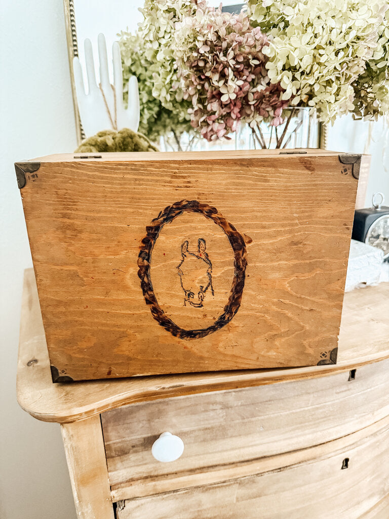 Wooden box with horse carving