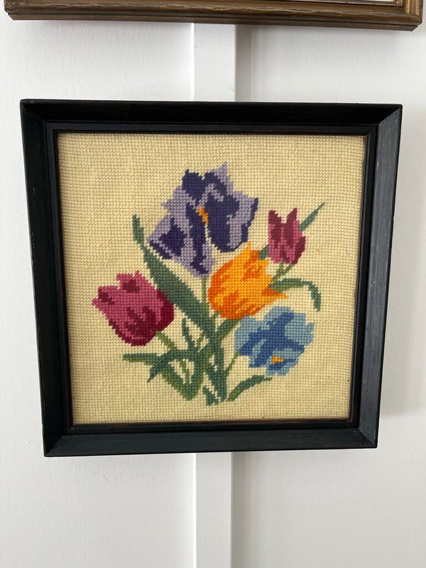 Framed needlepoint spring flowers