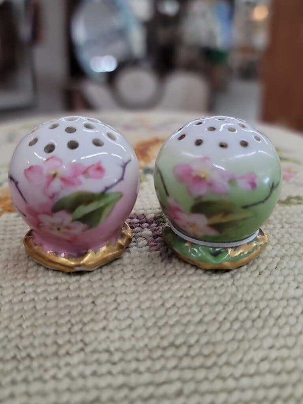 Antique pair small pink/green floral shakers