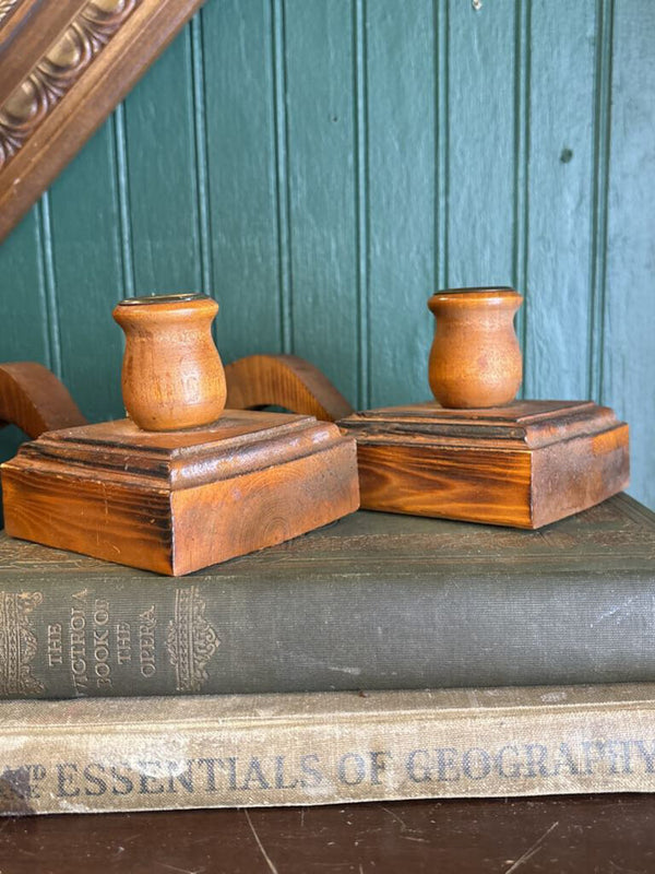 Pair of Wooden Candleholders with Square Bases