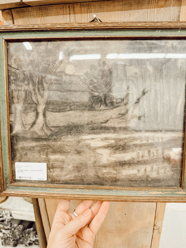 Vintage moody framed charcoal painting