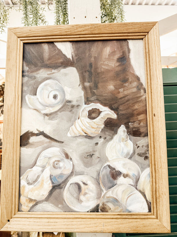 Wooden framed shell painting on canvas